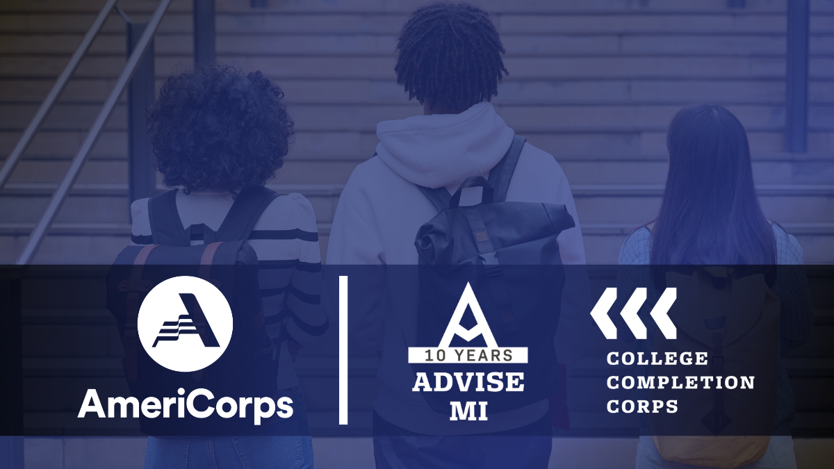 Students walking, AmeriCorps AdviseMI and College Completion Corps logos