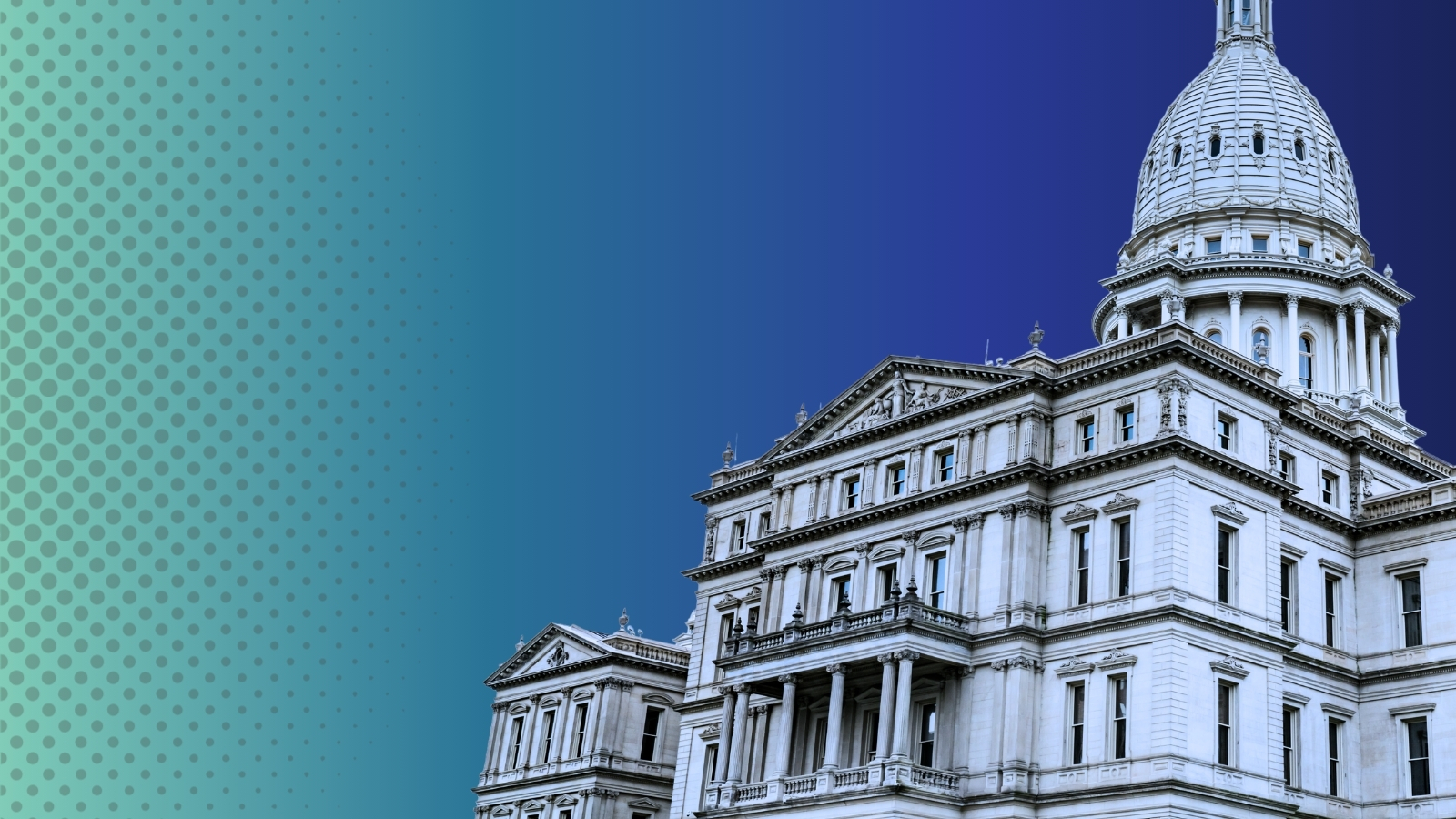 A stylized graphic featuring the Michigan Capitol building